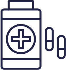 A simple icon for Progressive Mobility Physio & Performance, showing a medicine bottle with a cross symbol on its label, accompanied by two capsules next to it. The icon is outlined in a solid, dark blue color.